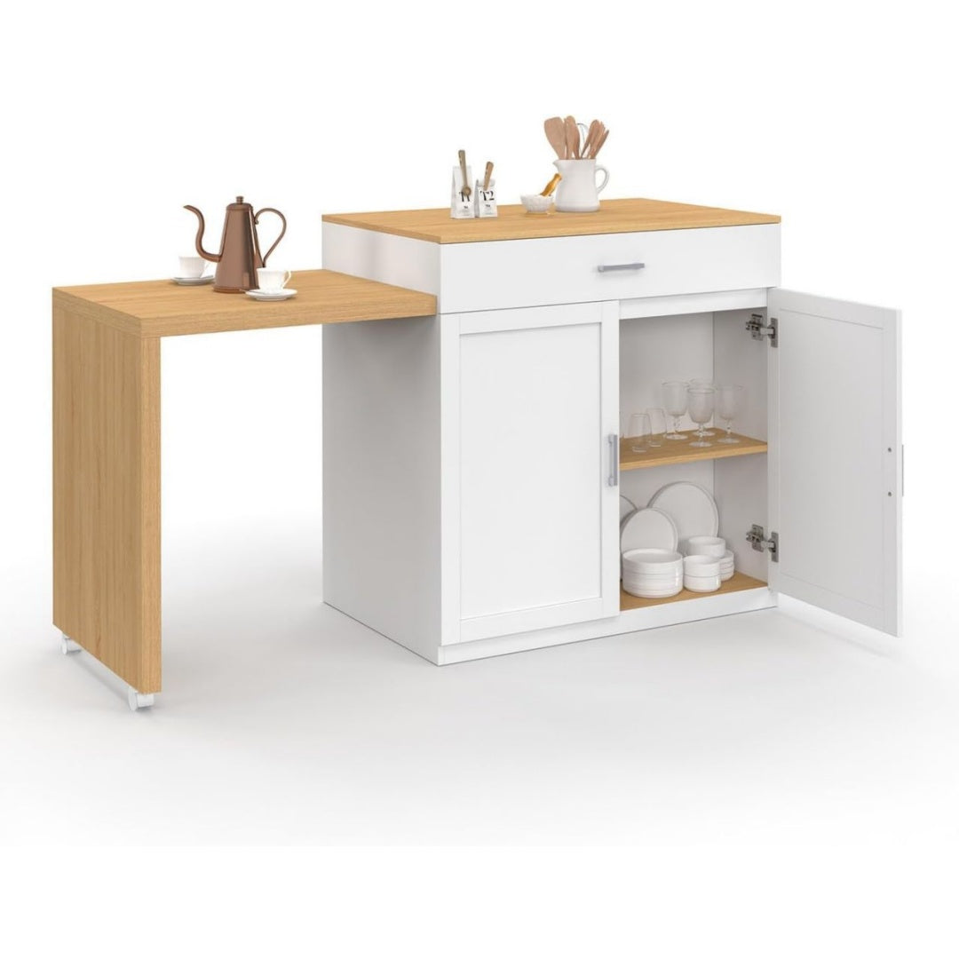 L'llot central bois blanc et plan de travail facon hetre - Table a Manger en Bois de Hetre, 155 x 60 cm